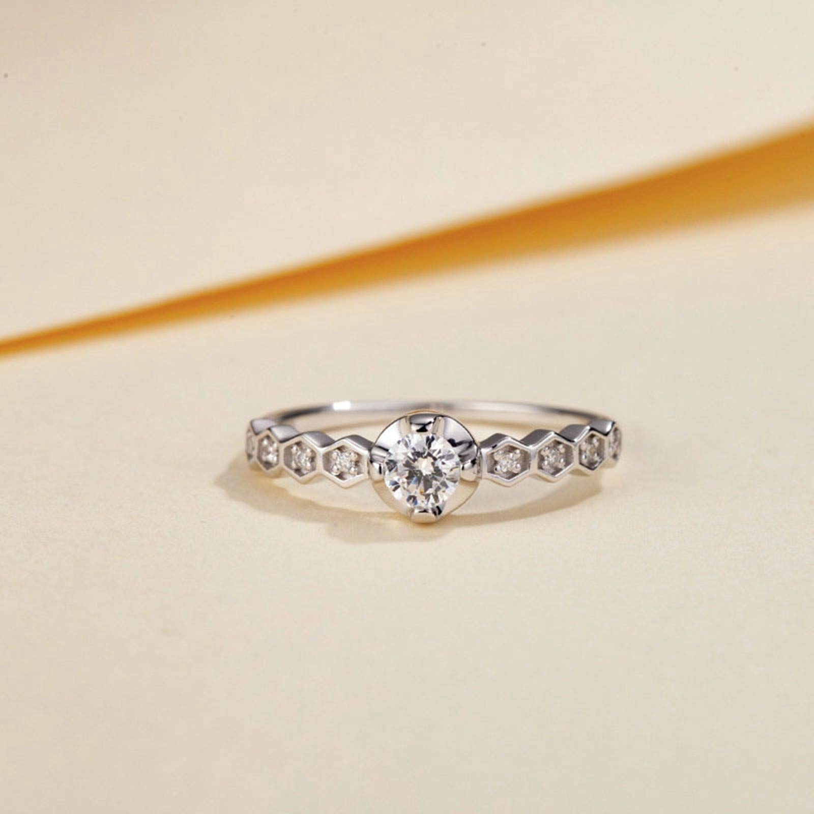 AmDxD 18K Oro Blanco Anillos de Boda para Novia Hex¨¢gono Redonda Diamante 0.2ct Anillos Boda Mujer Tama?o 15