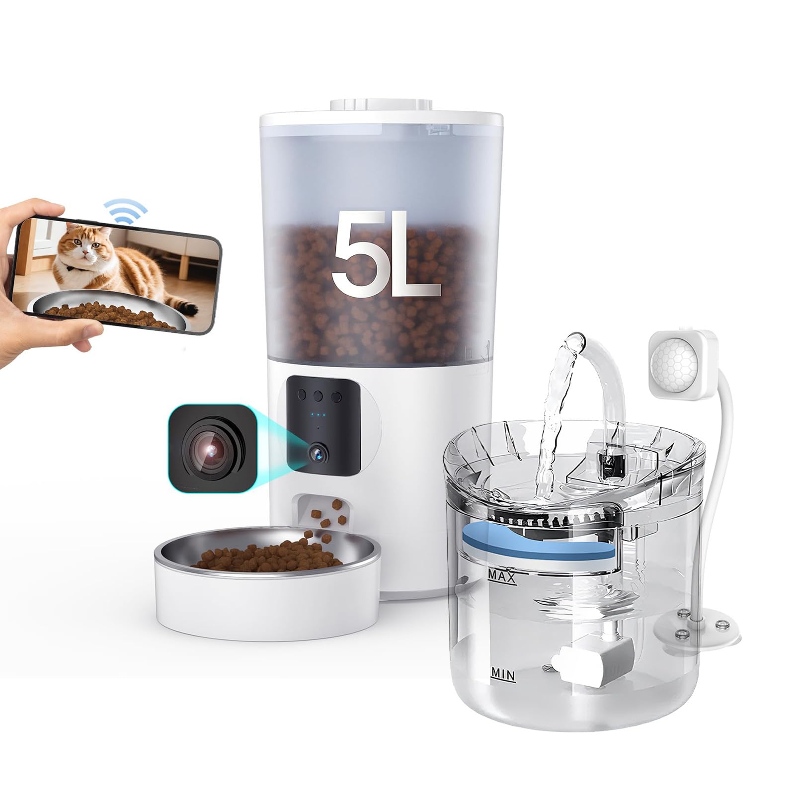 Distributeur Automatique + Fontaine a Eau pour Chat, Détection de Mouvement, Silencieuse
