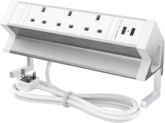 Desktop Power Socket Extension with 2 USB, Ohuo Desk Power Strip Extension Lead with 3 UK Plug for Home Office School, 1,8M Extension Cord, 2500W/10A -White