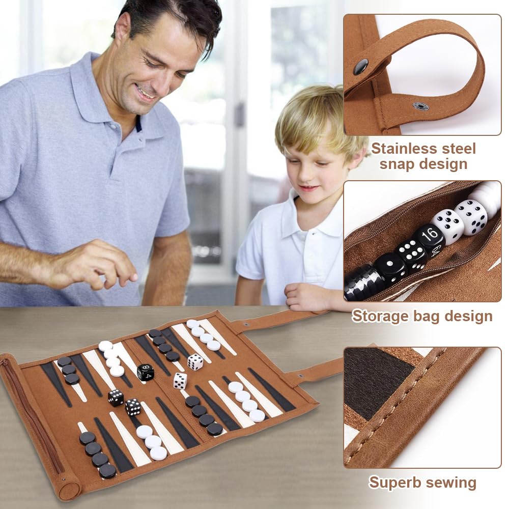 Backgammon De Viaje Enrollable FICOFISE, Tablero De 35.5x25.2 Cm En PVC Con Cierre Oculto, Incluye 30 Fichas Y 5 Dados, Portátil Para Familia Y Amigos