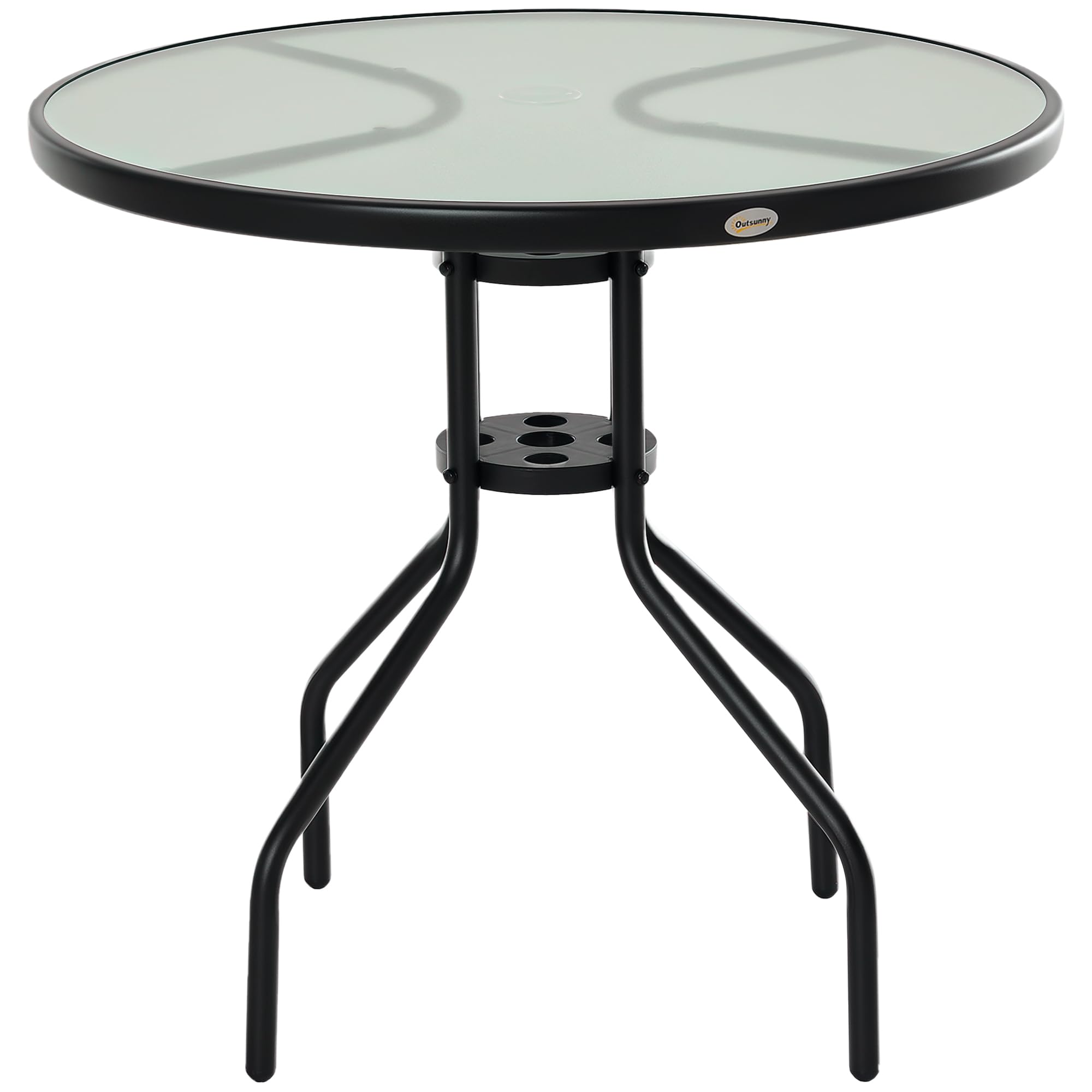 Outsunny Gartentisch Balkontisch Garten Beistelltisch Bistrotisch Gartenmöbel mit Schirmloch Hartglas + Metall Schwarz Ø80 x 72 cm