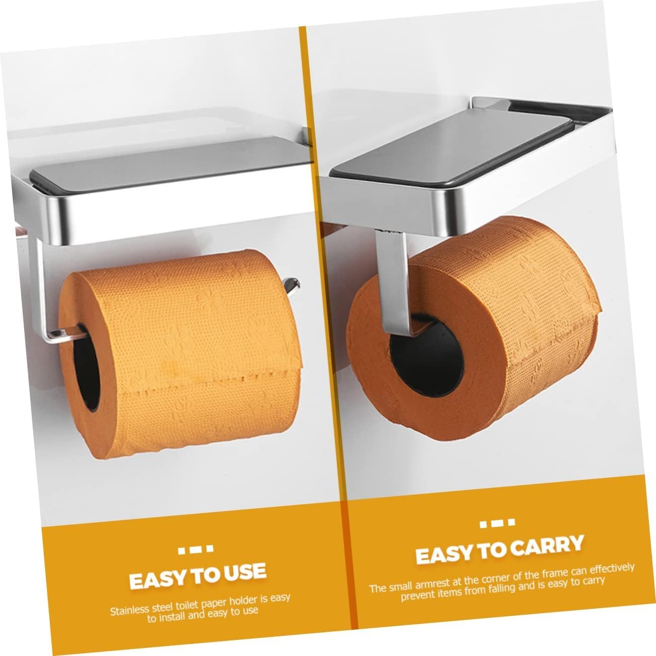 Stainless Steel Wall - Mounted Toilet Paper Holder with Shelf - Practical Bathroom Accessory