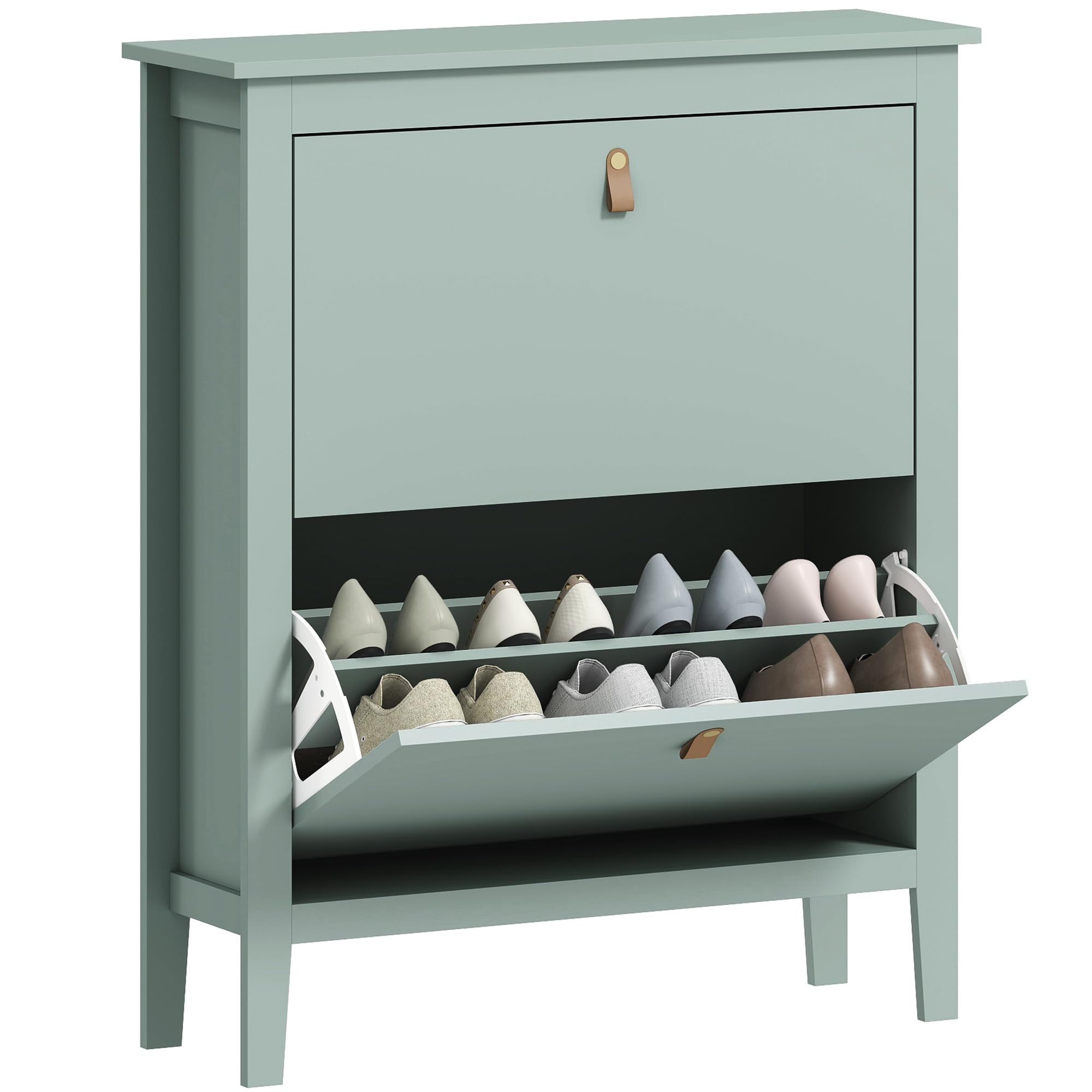 HOMCOM 2 Drawer Shoe Cabinet with Flip Doors, Narrow Shoe Storage Cabinet with Removable and Adjustable Shelves, 14 Pairs Footwear Cupboard for Hallway, Entryway, 80 x 24 x 95.5 cm, Green