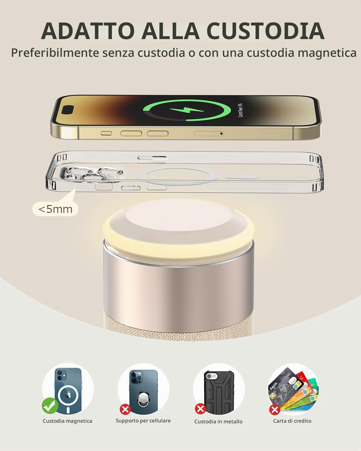 COLSUR Cassa Bluetooth Caricabatterie wireless Altoparlanti Bluetooth con luce notturna, stazione di ricarica wireless 2 in 1 per iPhone 16/15/14/13/12 Series AirPods Pro/4/3/2-Beige