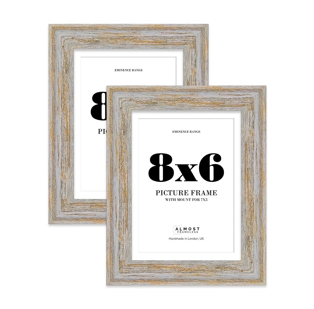 8x6" Walnut Woodgrain Picture Frame with 7x5" Mount - Shabby Chic Photo Frame with Distressed Finish, Wall Hooks and Kickstand, 32mm Edge - 2 Pack