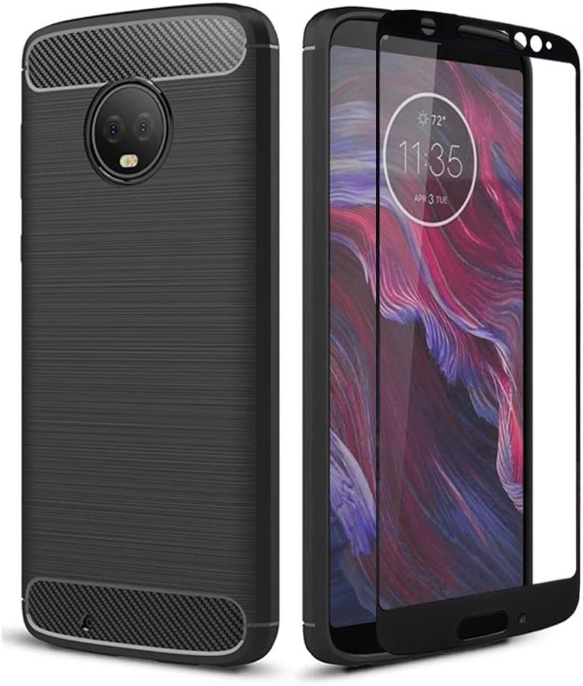 Moto G6 Case with Tempered Glass Screen Protector,IDEA LINE Shockproof Slim Fit Lined Brushed with Carbon Fiber for Motorola Moto G (6th Generation) - Black