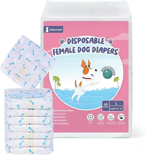 Jollywoods Female Dog Diapers 48 Count, Disposable Safe Diapers with Wetness Indicator, Super Absorbent Leakproof, Puppies, Females in Heat, Excitable Urination, Urinary Incontinence Protection L