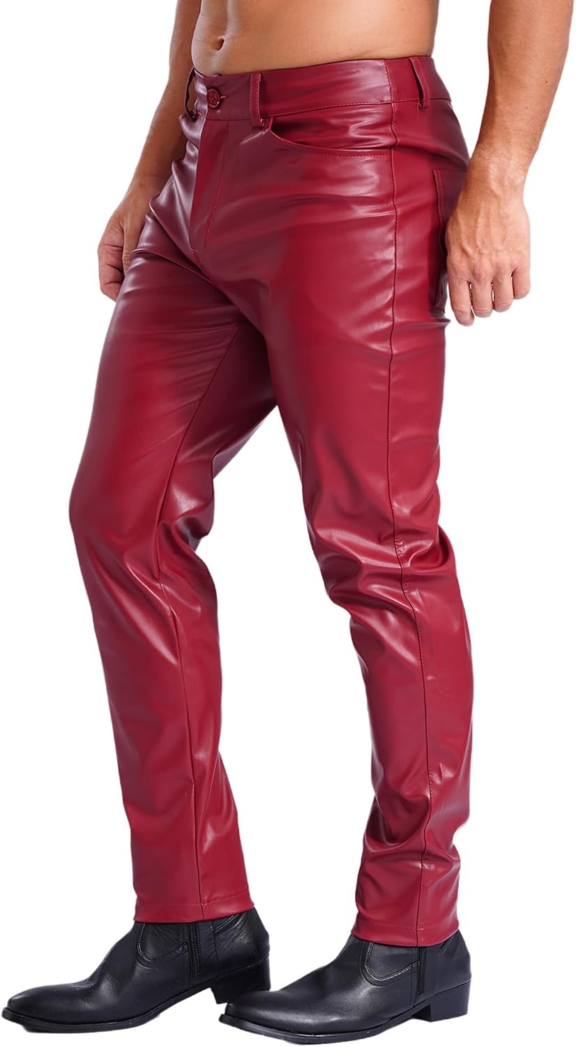 FEESHOW Men's Shiny Faux Leather Disco Trousers Bell Straight Long Pants Motorcycle Leggings