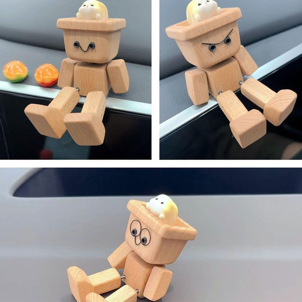 Figurine D'homme En Bois Secoué - Décoration De Tableau De Bord Voiture Ou Bureau - Pieds Tremblants, 12 Expressions Magnétiques Amovibles