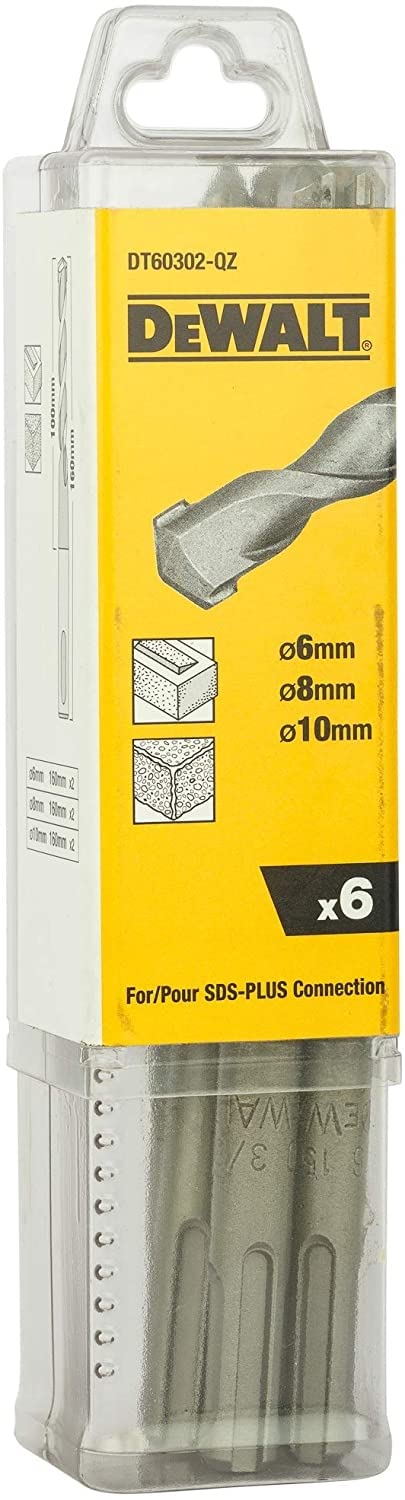 DEWALT DT60302-QZ - Juego de 6 Brocas SDS-PLUS, Brocas Ø6mm x2, Ø8mm x2, Ø10mm x2, Perforación en Hormigón, Brocas SDS-PLUS para Martillos Perforadores