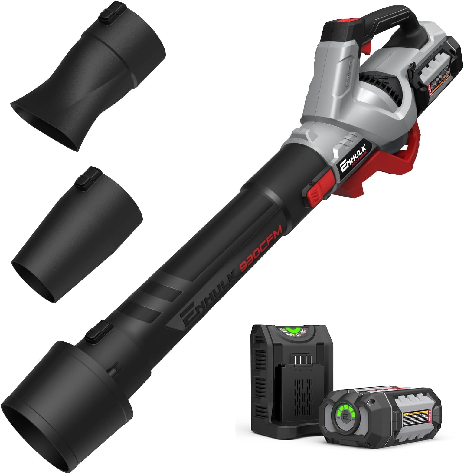Leaf Blower Cordless, Enhulk 58V Powerful Blower, 930 CFM Max. Brushless Motor, Cruise Control, Turbo Variable-Speeds, CoolBlast Tech, 3 Nozzels, 5.0AH Battery and Charger Included