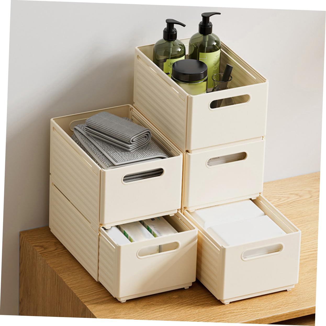SHINEOFI 2 Cajas de Almacenamiento para Calcetines y Ropa Interior, Pp Beige, Diseño Ajustable, Uso en Oficina y Cocina, Organizador de Cajón