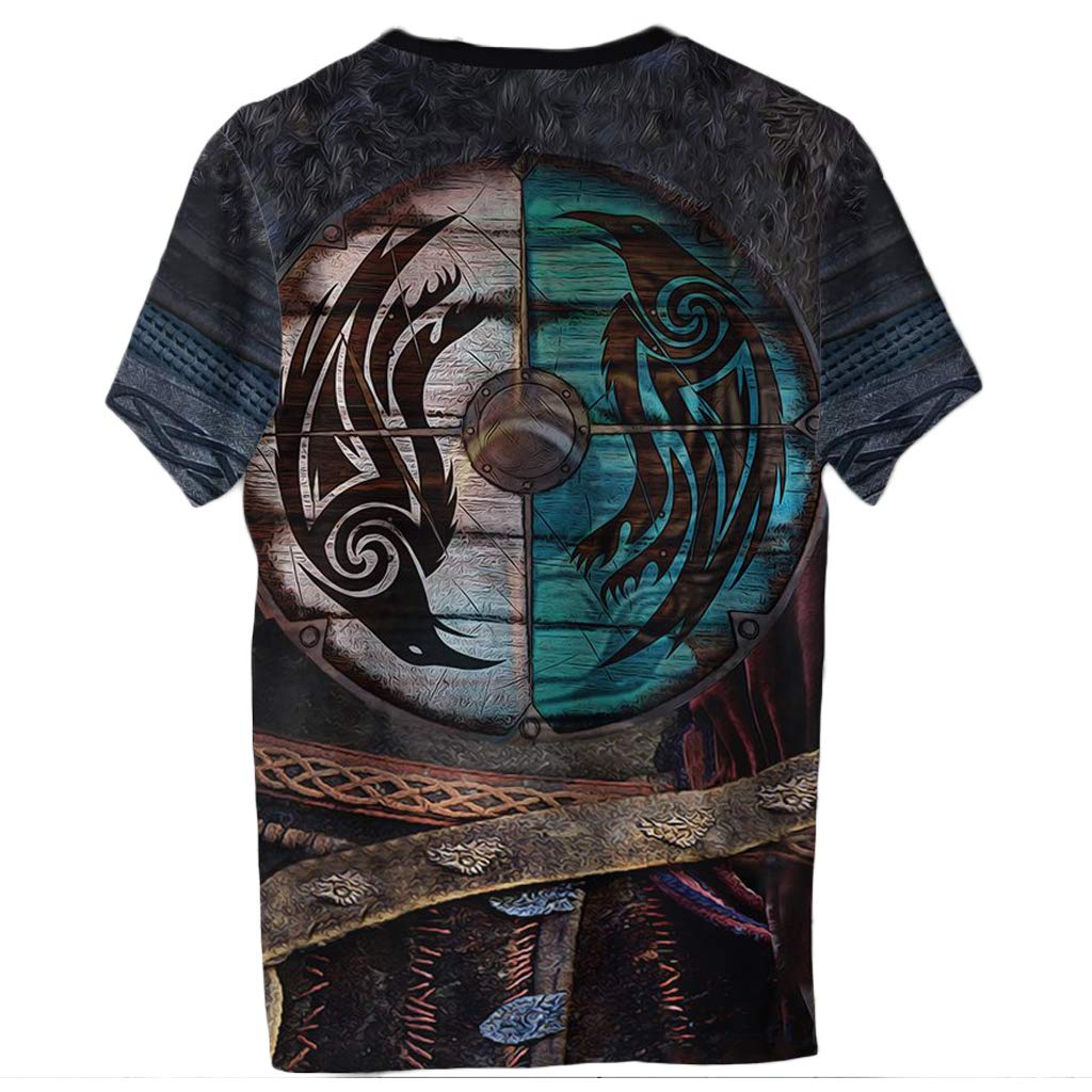 Valhalla T Shirts for Men, 3D Printing Gray Wolf Short Sleeve Humor Tee Top, ​Retro Urban Casual Look Funny Viking Odin Gift