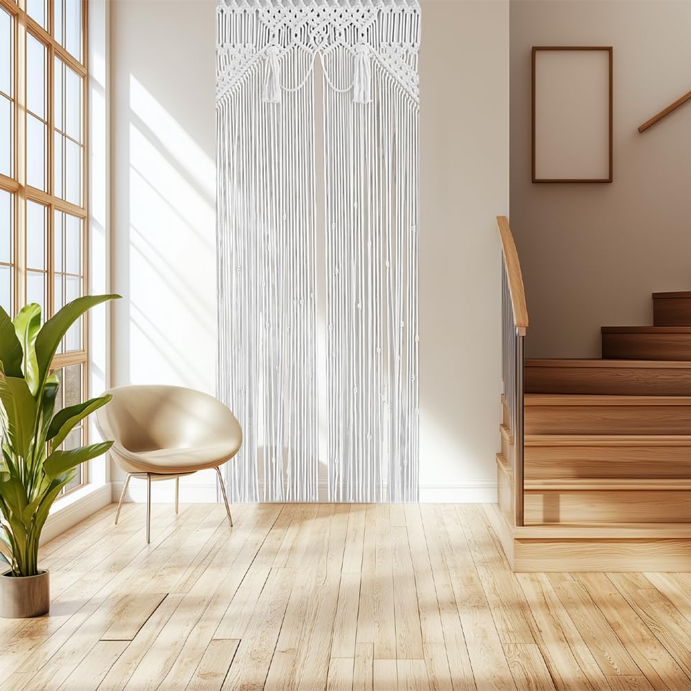 Rideau de porte en macramé fait à la main - 72 x 190 cm - Style bohème - Décoration de fenêtre - Chambre à coucher - Tenture murale pour maison - Rideaux de fenêtre - Mariage - Beige