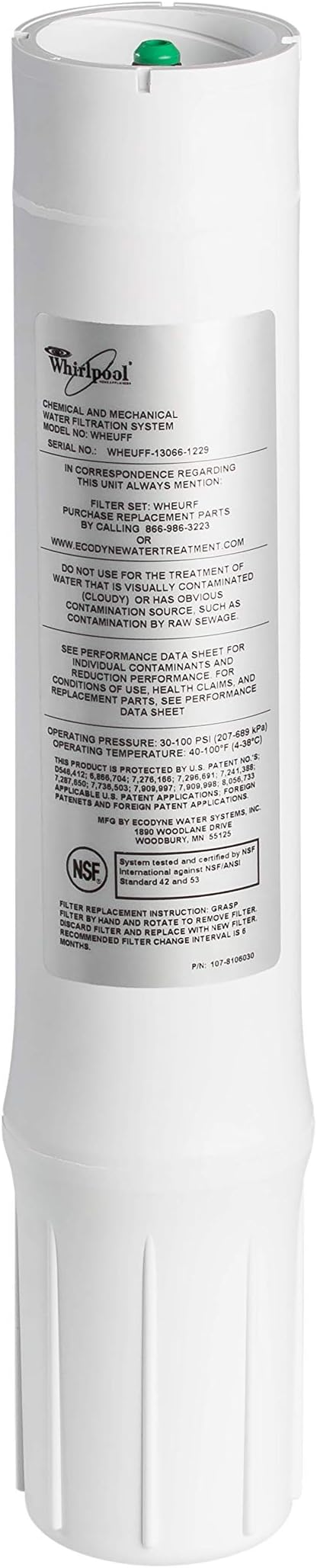 Whirlpool WHEURF Replacement Water NSF Certified .5 Micron Rating | Fits Wheuff Filtration Easy, No Mess Filter Change System, White, 1 Count (Pack of 1)