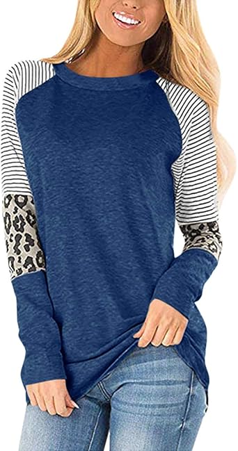 Womens Leopard Color Block Long Sleeve Tunic for Leggings Striped T Shirt Tops