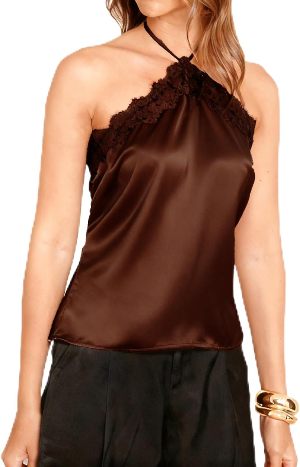 Lace Trim Satin Cami Top for Women Halter Neck Tie Up Crop Camisole Going Out Backless Sleeveless Tank Tops Streetwear