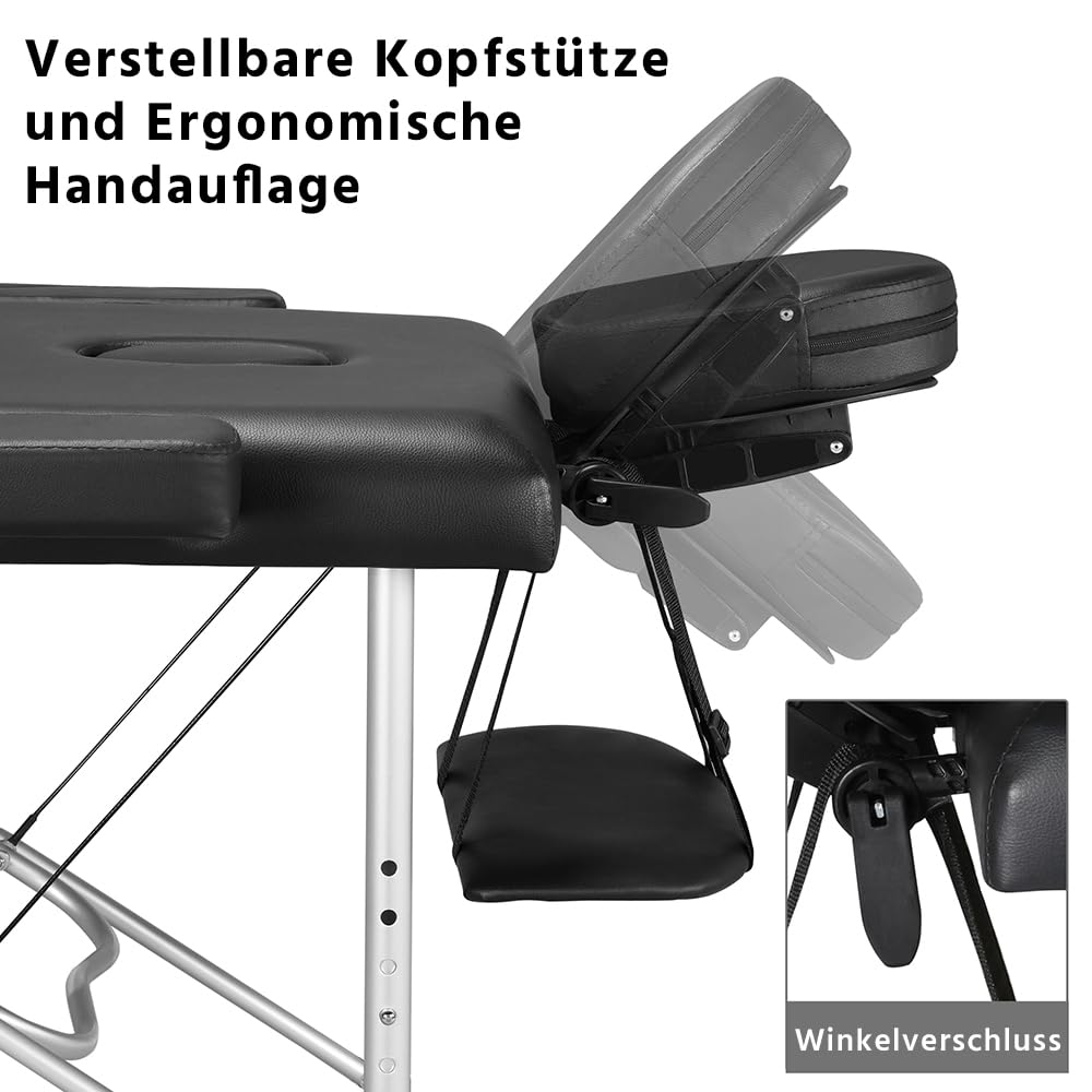 Yaheetech Cama de Masaje Plegable de 2 Zonas, Mesa de Masaje de Altura Ajustable, Banco de Masaje con reposacabezas y reposabrazos y Bolsa, Color Negro | Camilla de masaje plegable, cama de masaje regulable en altura, mesa de masaje con reposacabezas y re