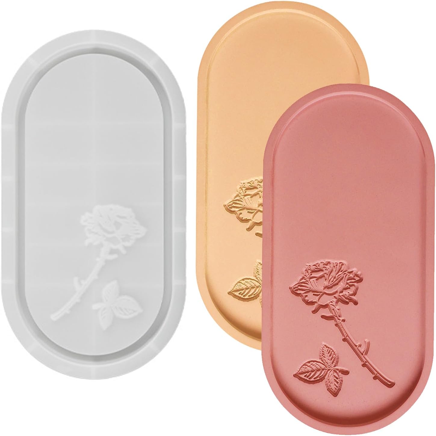 Tray Resin Mold Rose Carved Tray Casting Mold Large Oval Tray Silicone Molds with Edges Resin Concrete Cement Storage Mold for Jewelry Candle Holder Trinket Container DIY Art Craft Gift