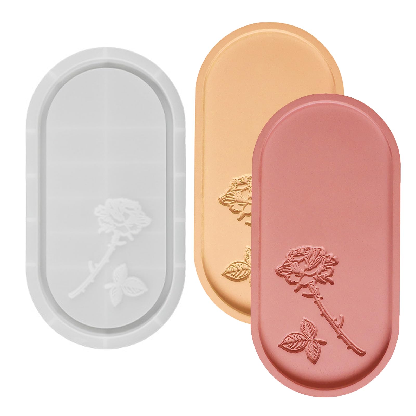 Tray Resin Mold Rose Carved Tray Casting Mold Large Oval Tray Silicone Molds with Edges Resin Concrete Cement Storage Mold for Jewelry Candle Holder Trinket Container DIY Art Craft Gift