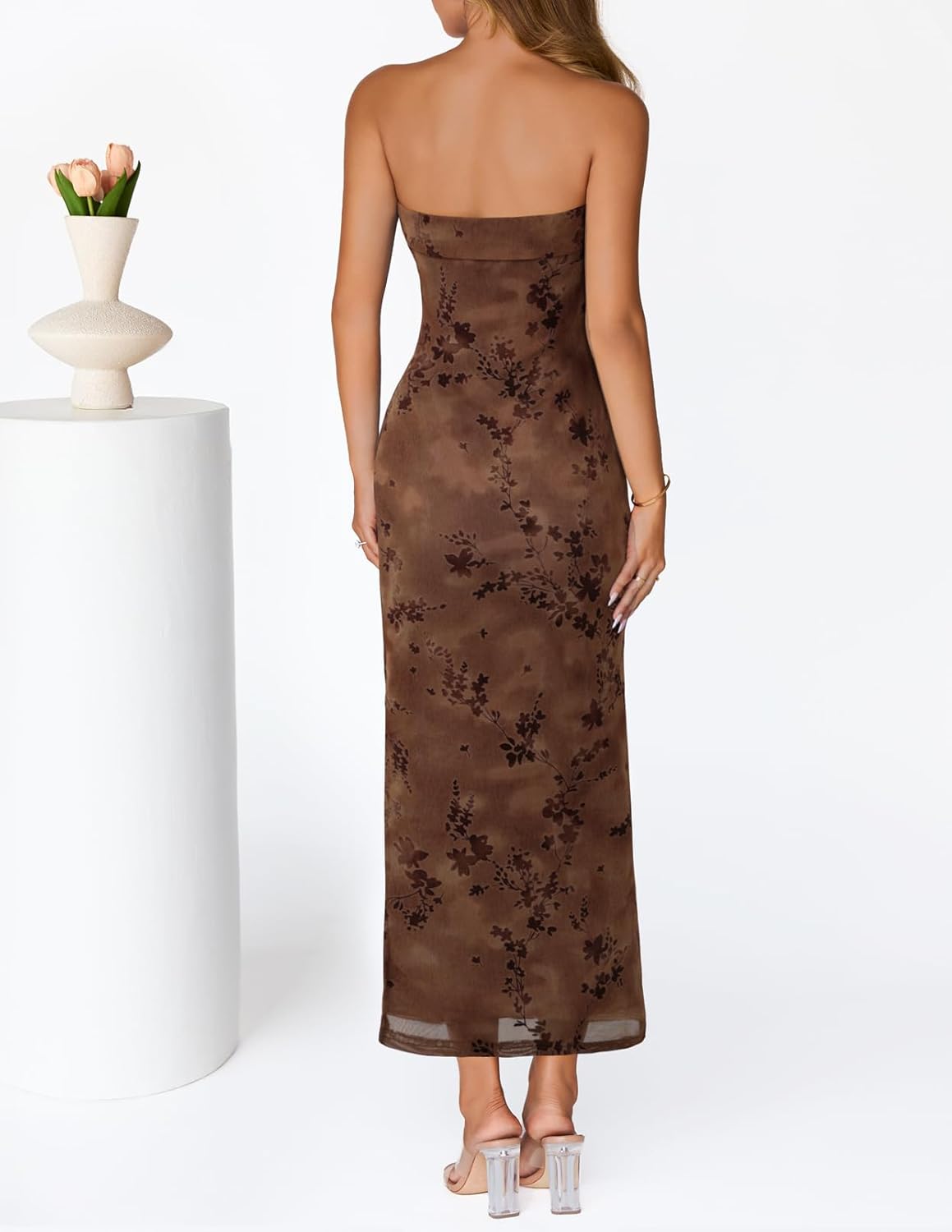 MEROKEETY Women's 2026 Summer Floral Strapless Dress Bodycon Tube Slit Mesh Wedding Guest Cocktail Party Maxi Dresses - Image 5