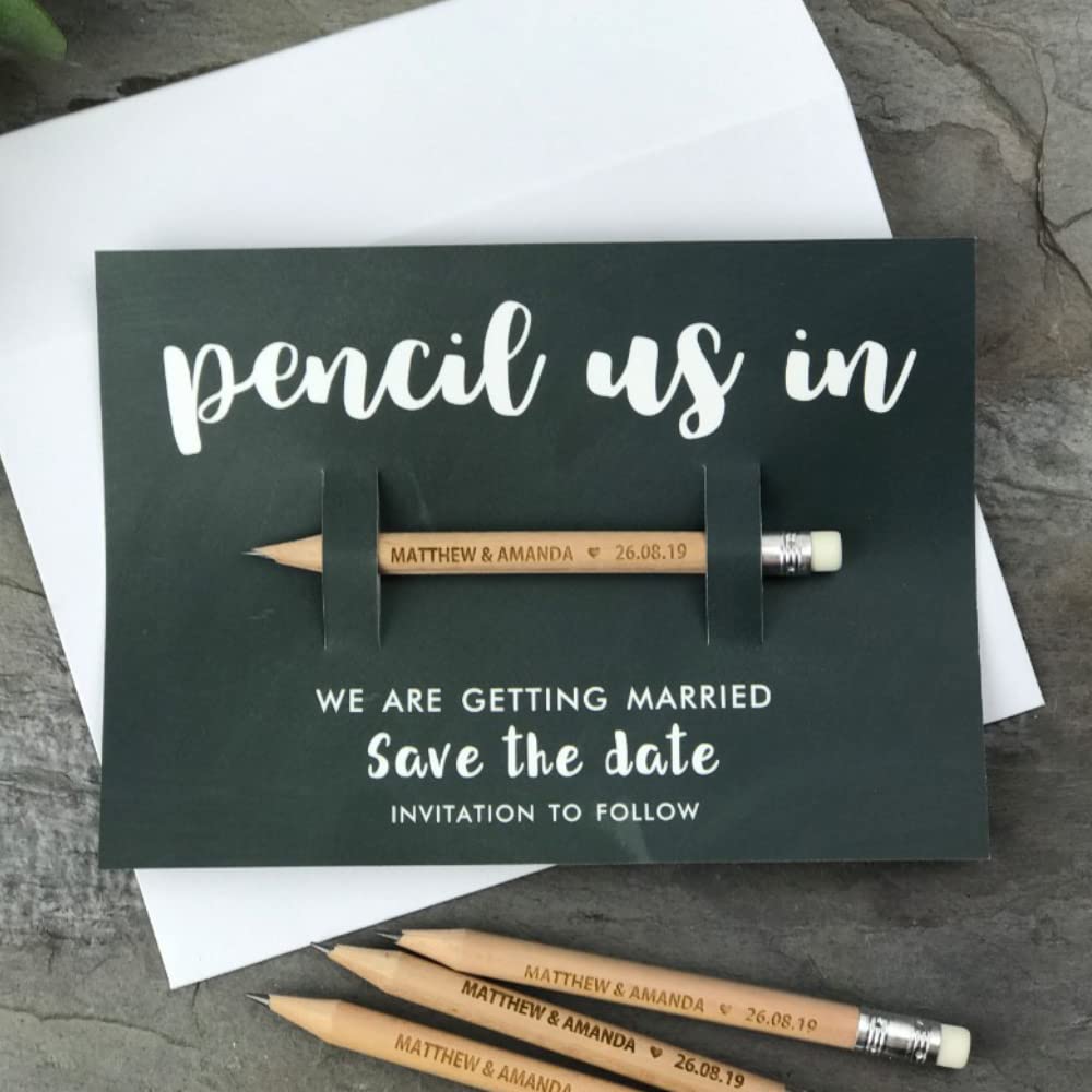 Pencil Us In Save the Dates Personalised - Wedding Invitations - Engraved - Chalk Style Backing card & Envelopes Option