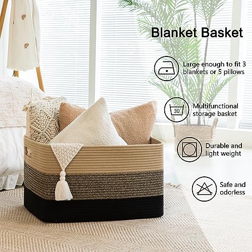 Image of OIAHOMY 108L Large Cotton Rope Basket, Rectangle Woven Baskets for Storage, Nursery Blanket Storage Living Room, Toy Basket With Handle-25 inchx16 inchx16 inch-Yellow Black