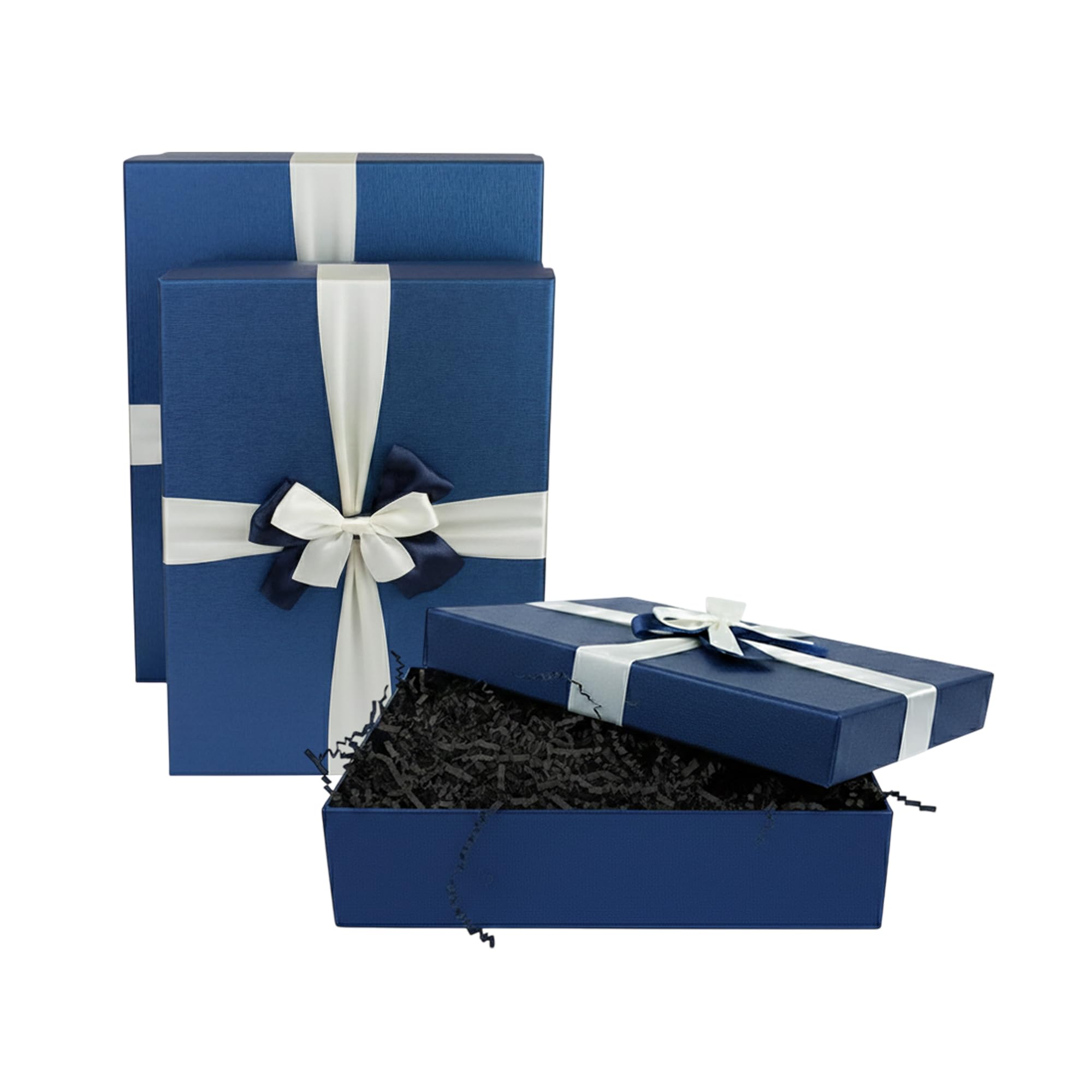 Emartbuy Lot de 3 boites cadeaux rigides - Boîte bleue avec couvercle - Ruban satiné bleu crème et papier déchiqueté de 200 g - Noir