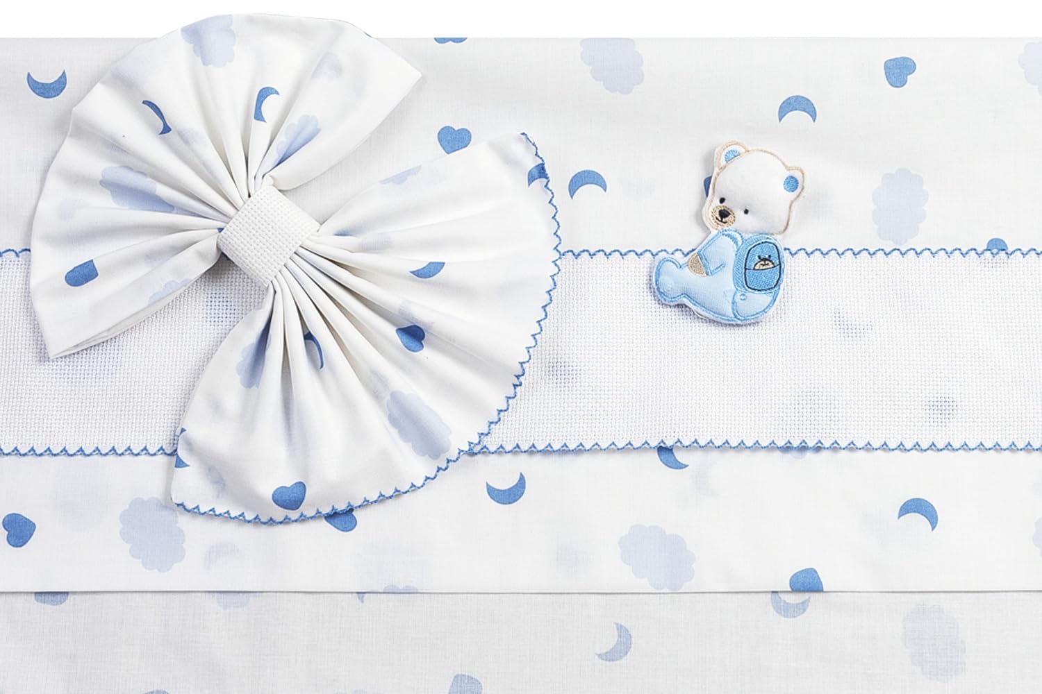 Filet - Set of 3 Sheets for Pram in Blue Pattern, 1 Fitted Bottom Sheet, 1 Top Sheet with Embroidered Aida Band and 1 Pillowcase, Made in Italy, Sky Blue