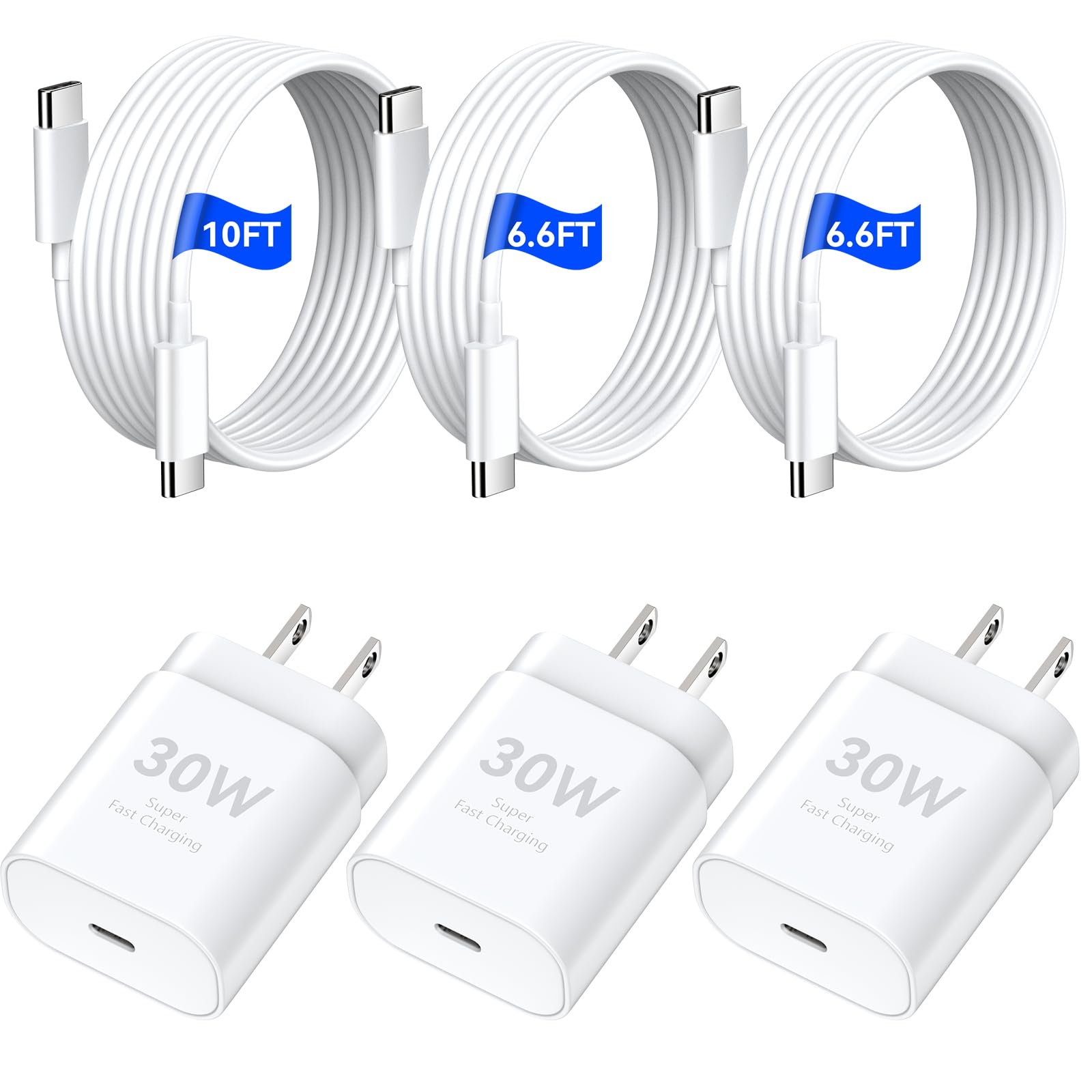 iPhone 16 15 Pro Max Charger Fast Charging, 30W USB C Charger Type C Chargers Fast Charging Block with 6.6 FT&10 FT Long Cable Cord for iPhone 16 Pro Max/16 Pro/16e/16 Plus/16/15 ProMax/15Pro/15-3Pack