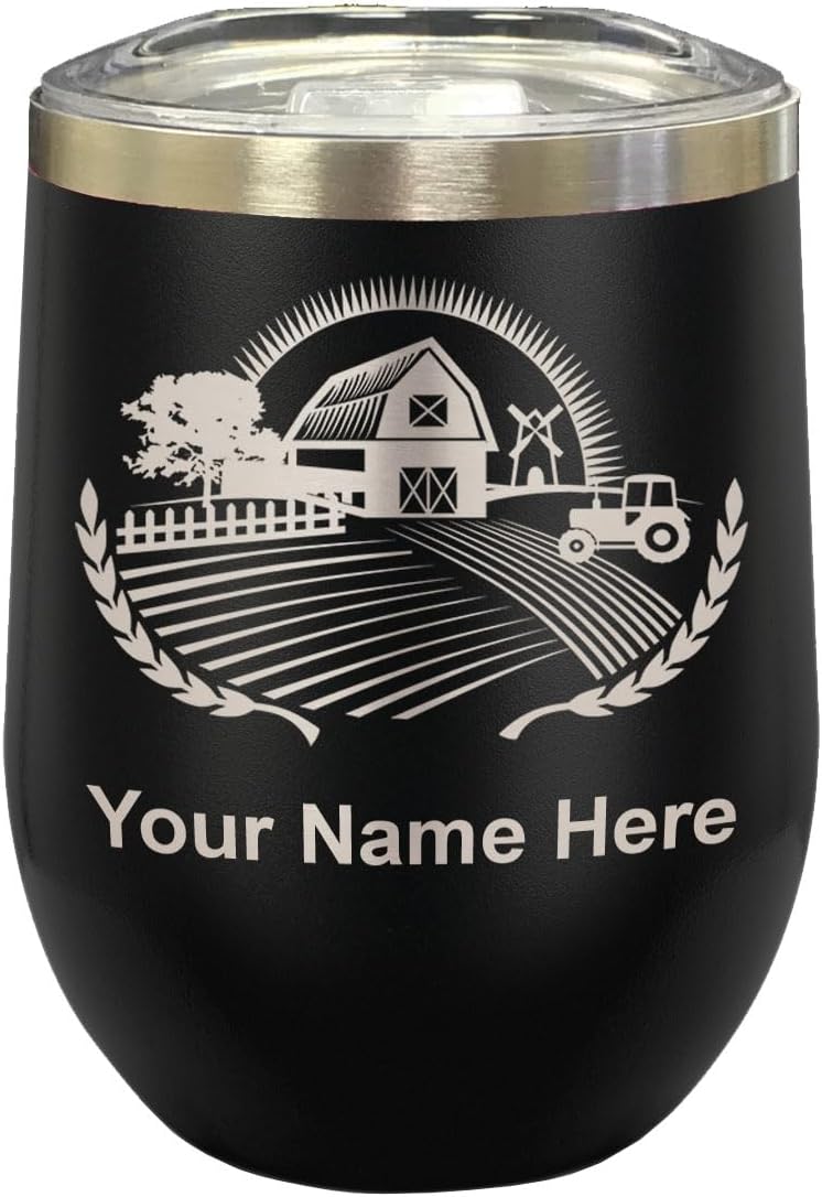 LaserGram 16oz Double Wall Stainless Steel Wine Glass Tumbler, Farm, Personalized Engraving Included (Black)