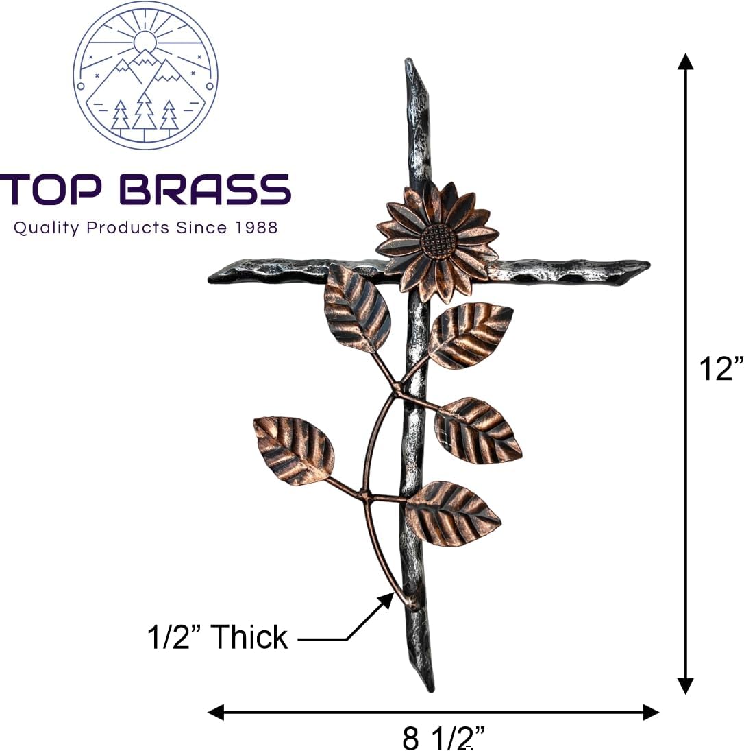 Top Brass 12” Metal Wall Mount Cross – Sunflower/Daisy Floral Garden Design – Holy Celtic Crucifix Silver & Copper Finish, Modern Rustic Jesus Art Sculpture