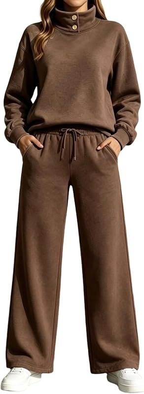 Women's 2 Piece High Neck Lounge Set Fall Sweatsuits | Women's Lounge Sets Two Piece , Airport Travel Outfits, Comfy Athleisure Fall Winter Clothes ,wide Leg Palazzo Pants