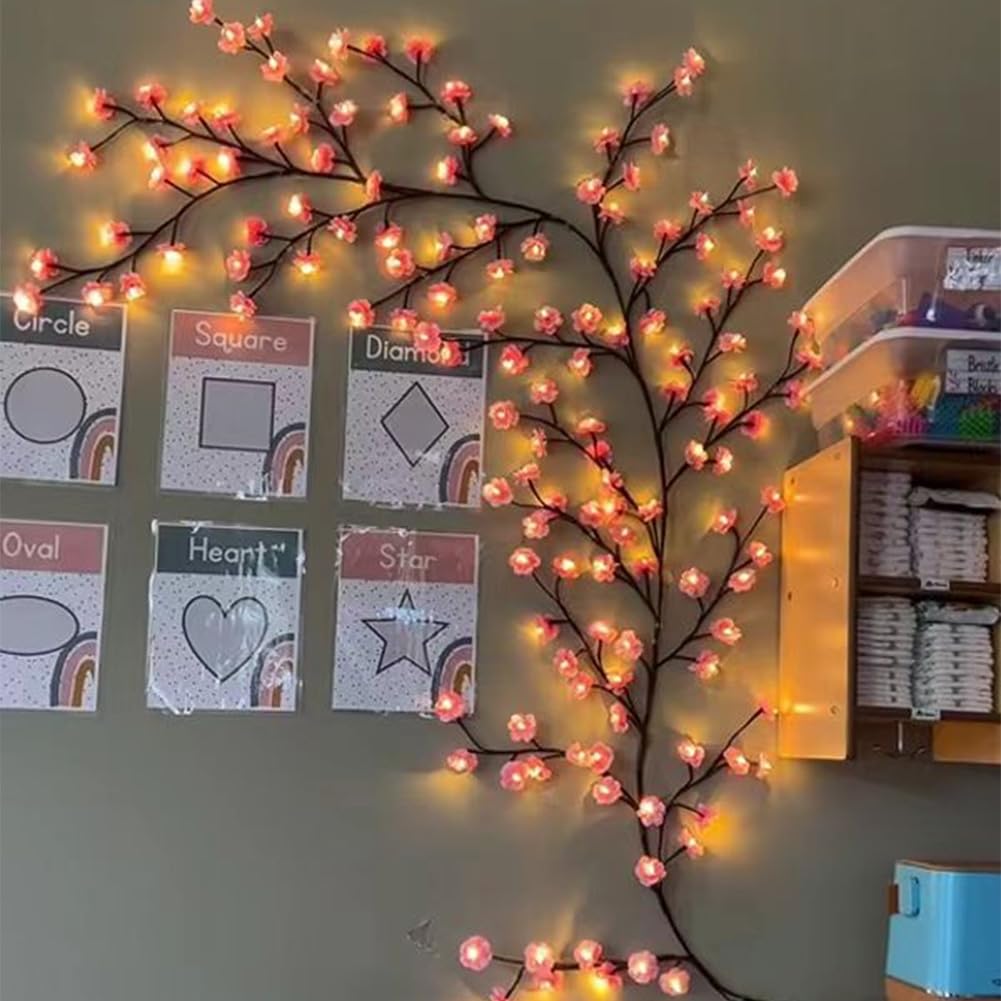 LED Kirschblüten Zweige Lichter, Kirschblüten LED Wand, Sakura Vine Wand Deko, Warmweiss Rattan Lichterkette Wanddeko mit Fernbedienung für Schlafzimmer Deko Weinachtsdeko (144LEDs, 2.3Meter)