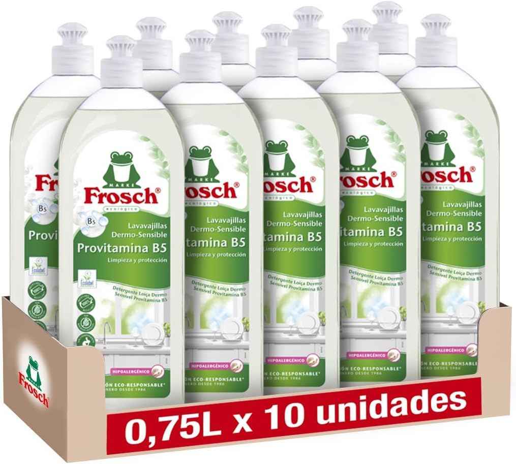 Frosch - Lavavajillas a Mano Líquido Vitaminas Ecológico, Libre de Colorantes y Perfumes, Apto para Pieles Sensibles, Hipoalergénico - Pack de 10 Unidades x 750 ml