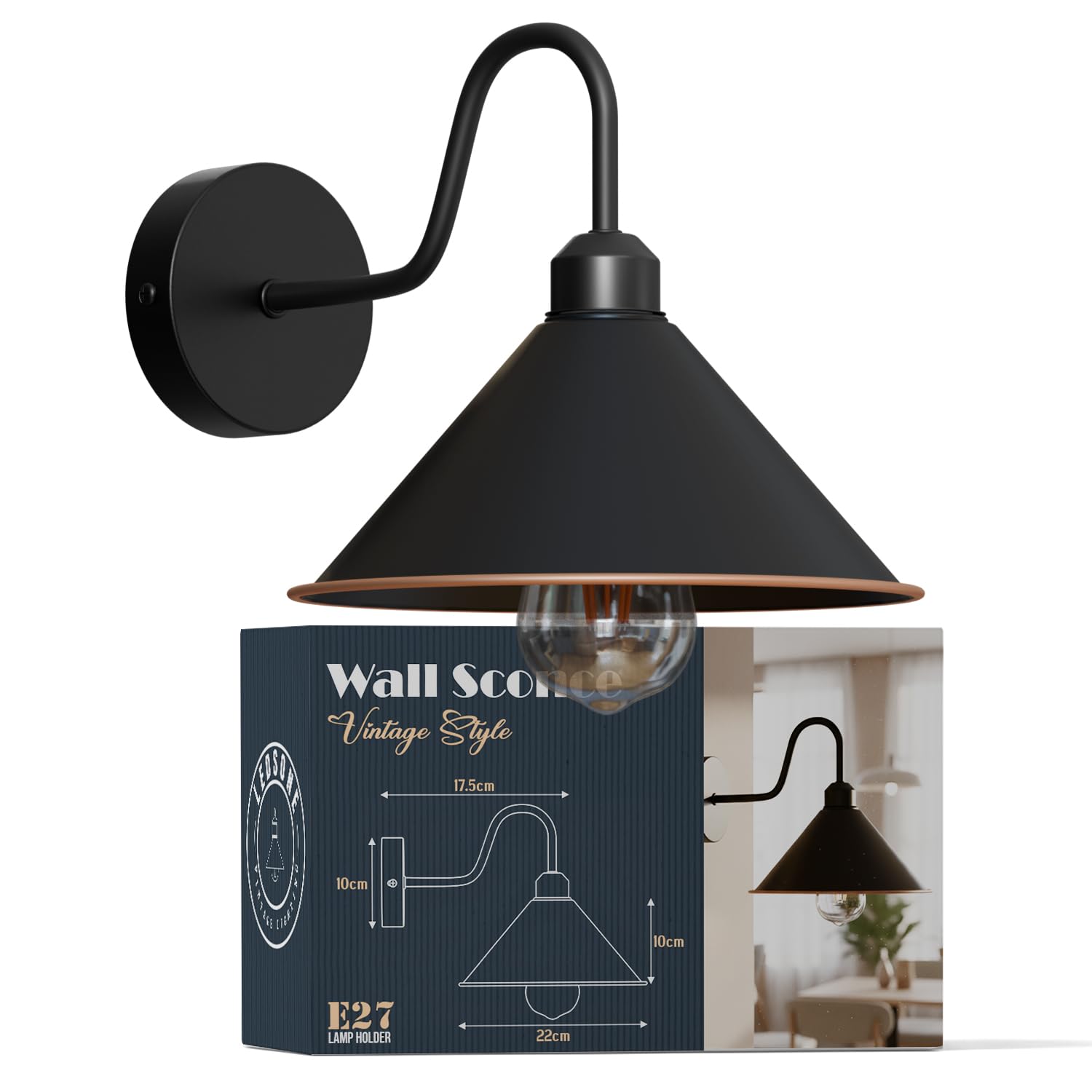 LEDSone Industrial Black Cone Wall Light with Gold Inner Shade, Modern Metal Wall Sconce, Vintage E27 Bedroom Bedside Lamp for Living Room Hallway Kitchen Cafe — image 1