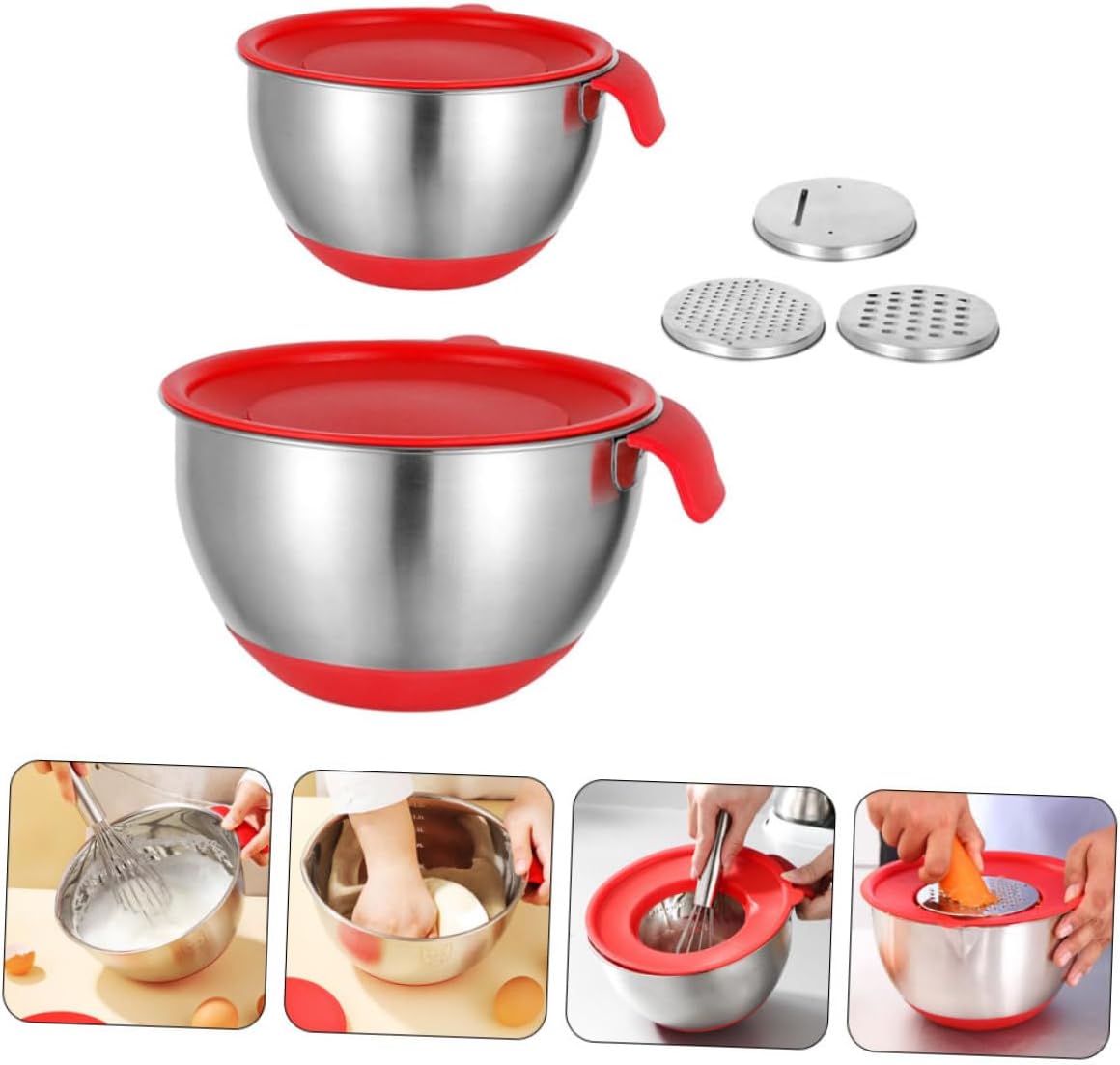 Multi-function Stainless Steel Mixing Bowl with Silicone Base and Red Handle 18cm 20cm Reusable Food Bowls with Lids and Graters Household Salad and Dough Kneading for Kitchen Use