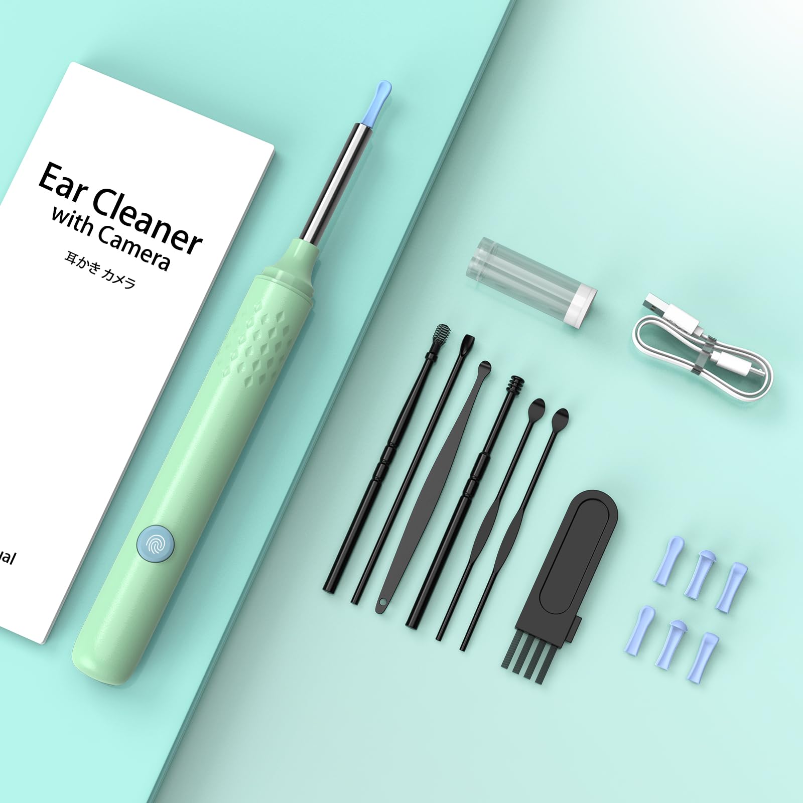 Otoscope Oreille 1920P Camera Oreille Nettoyage avec 6 Lumière et 7 Pièces Kit Nettoyage Oreille pour Smartphones iOS et Android, Accessoire Pratique pour une Hygiène Auriculaire(Vert)