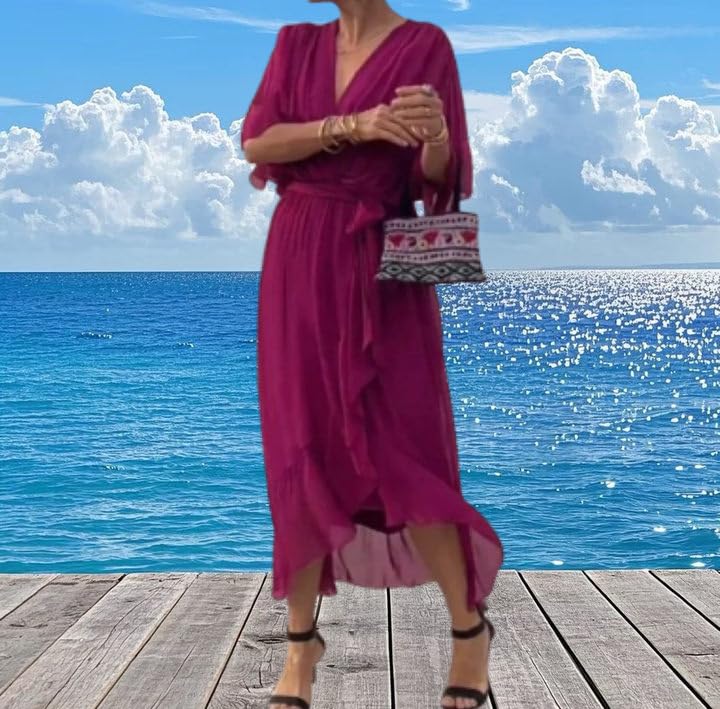 Keepholdon Dress, Fashion Solid Color Wrap V Neck Summer Loose Half Sleeve a Line Irregular Midi Dress2