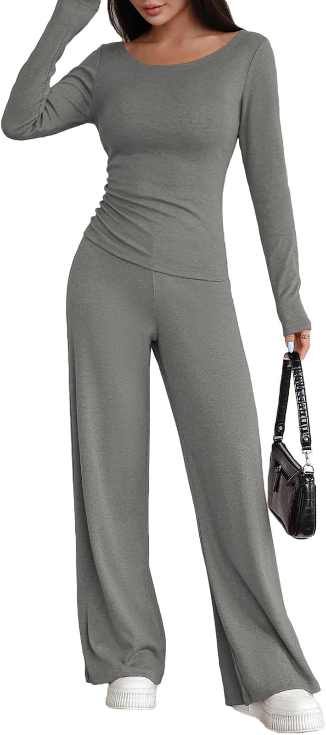 Pink Queen Sweatsuits Women 2 Piece Outfit Asymmetrical Long Sleeve Top Wide Leg Pants Casual Matching Sweat Sets