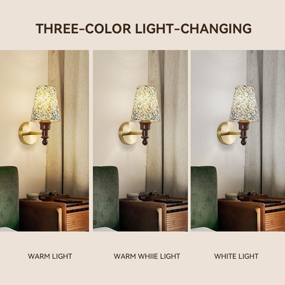 French Country Solid Wood Wall Sconce,Mid-Century Modern Floral Fabric Shade Bedside Wall Lamp, Elegant Cottagecore Aesthetic Decorative Ambient Lighting for Bedroom, Living Room Parlor