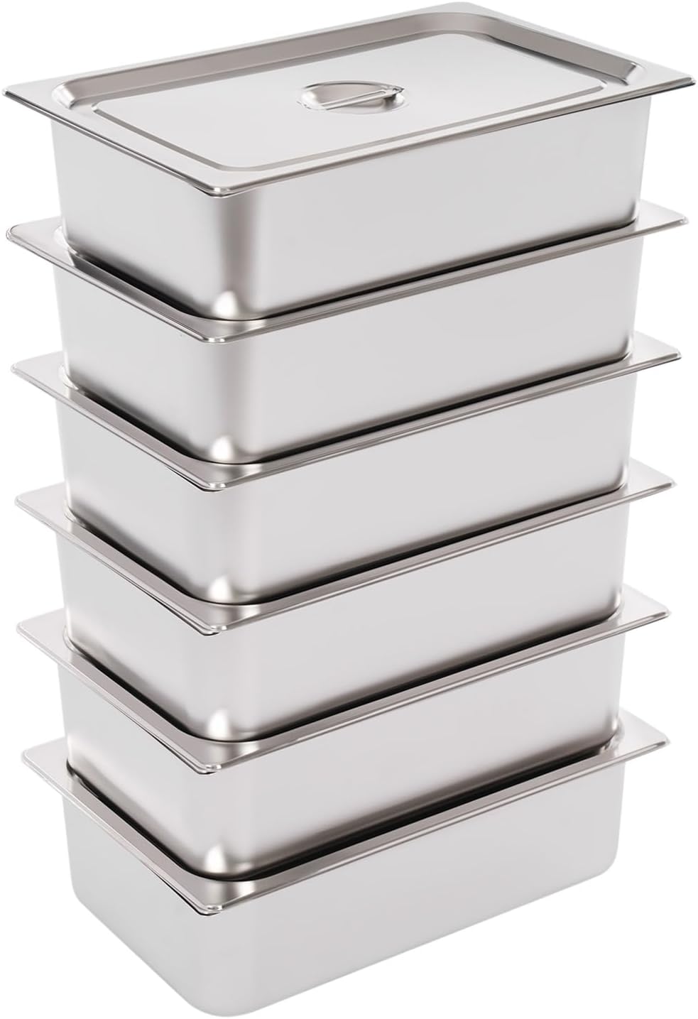 6PCS Stainless Steel Hotel Pans With Lids, 1/1 Size Hotel Pans, 6'' Deep Hotel Steam Table Pans, Commercial Food Storage Containers Stackable Metal Steamer Pan for Party, Restaurant, Hotel