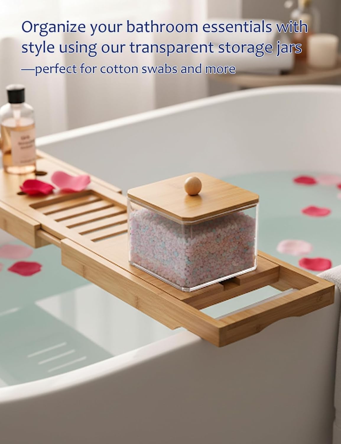 Cotton Swab Holder, Bamboo Lid, Single Layer Bathroom Organizer image 4