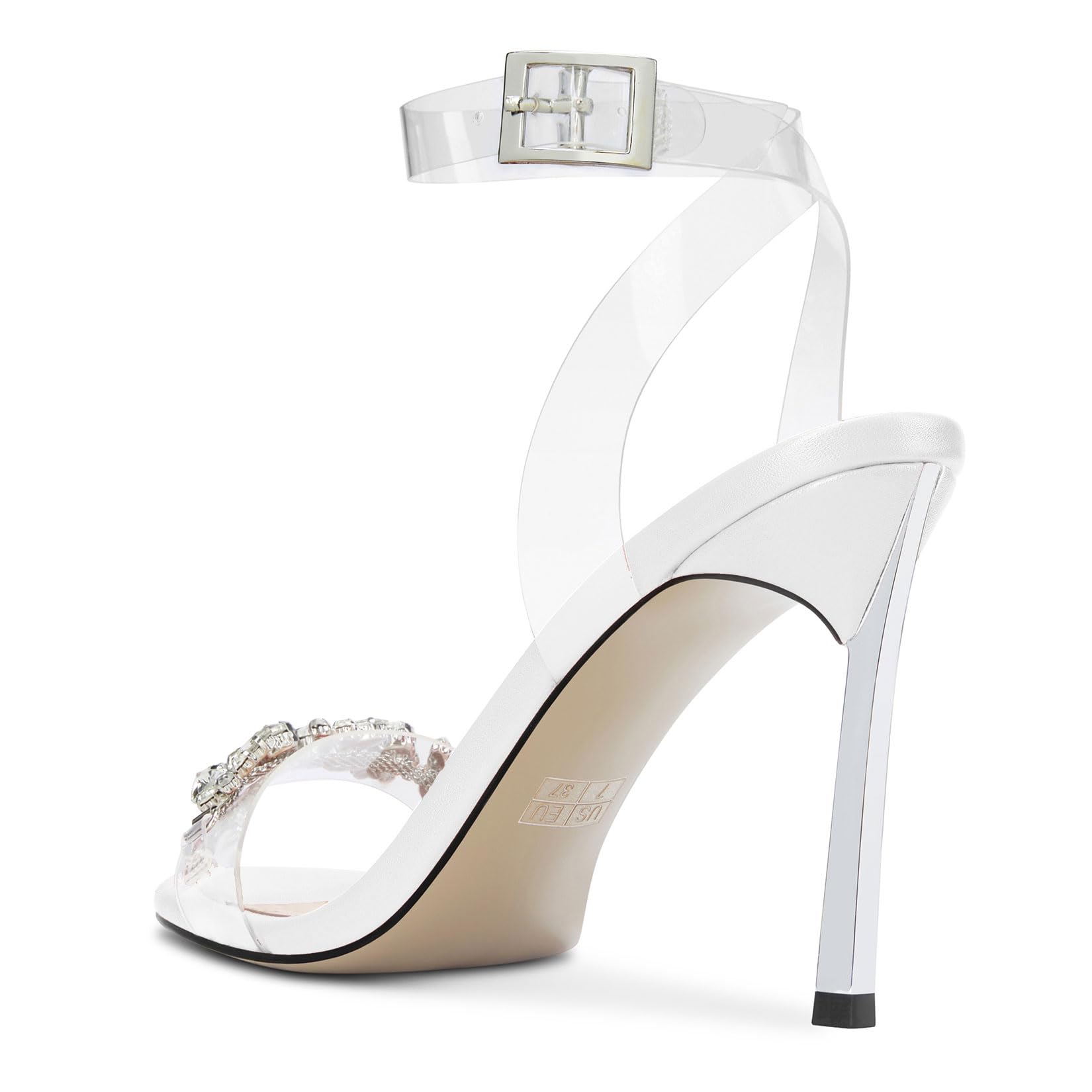 HDEUOLM Mujer Aguja Alto High Heel Abierta Punta Sandalias Correa Tobillo Diamante Cristal Fiesta Clear Verano 10 CM Heels