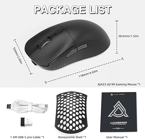 Vista 9 de AJAZZ Ratón inalámbrico para juegos AJ199, 59G Ultra Lightwieght-Huanuo Micro Switch-26K PAW3395 Sensor-40 horas de duración de la batería