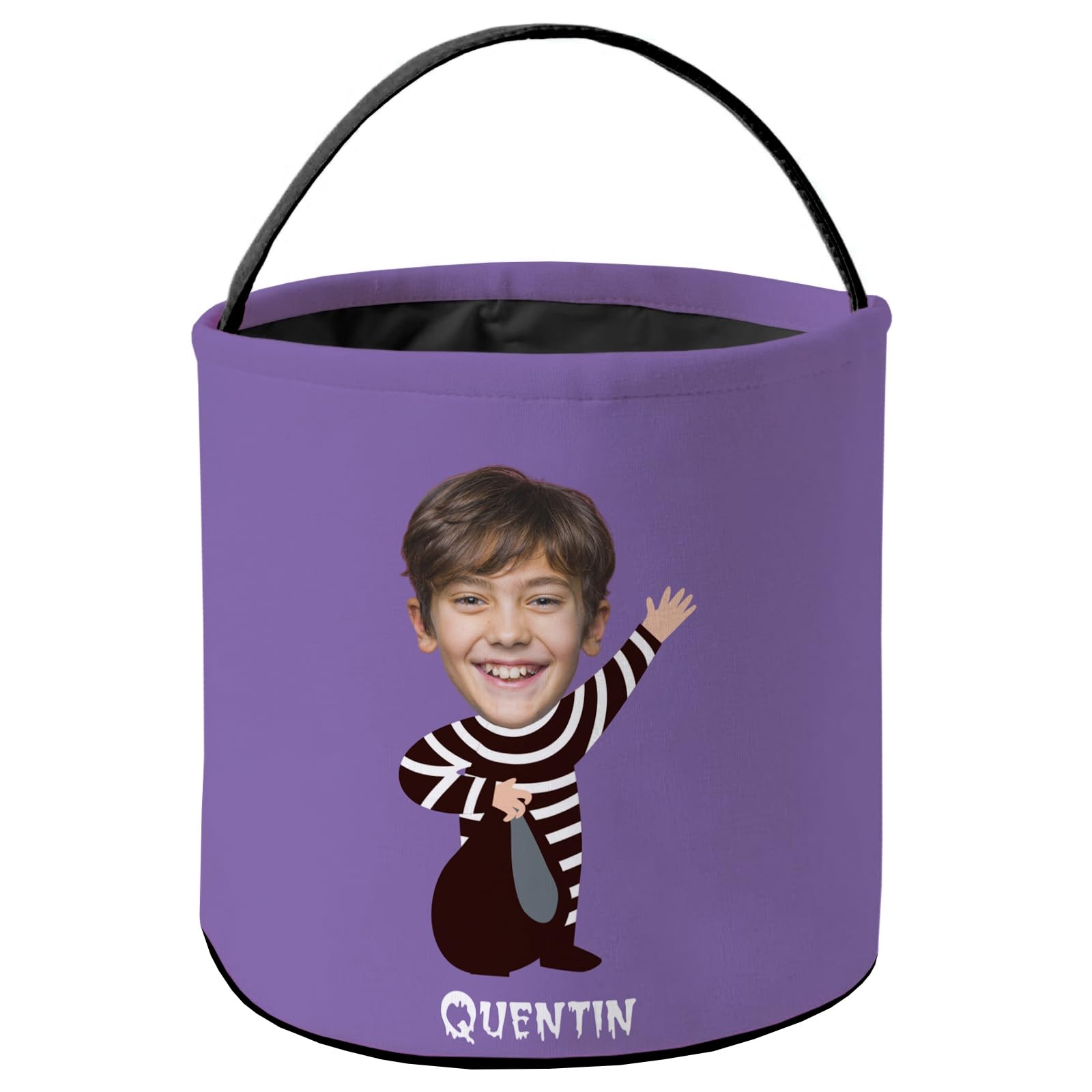 KafePross Personalized Halloween Basket, Halloween Trick or Treat Candy Bucket, Customized Halloween Baskets with Photo Name 9 x 9.8 Inch Purple, Thief