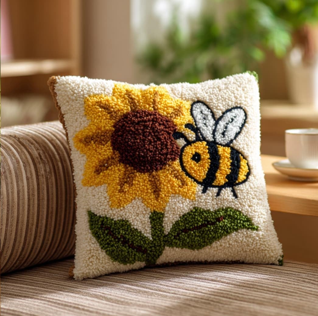 WallustrioaW Latch Hook Pillow Kit -Sunflowers Embroidery Art Craft Kit - All Ages - Unisex - 43X43Cm
