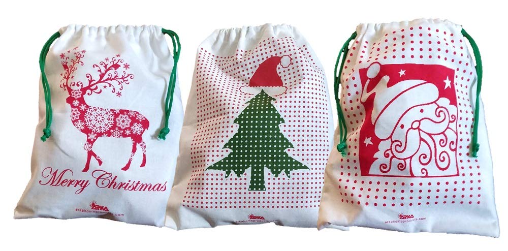 Arka Christmas Drawstring Gift Bags (Set of 3) 100% Cotton Canvas, Eco-Friendly (10 X 12 inches, off-White) Arka Christmas Drawstring Gift Bags (Set of 3) 100% Cotton Canvas, Eco-Friendly (10 X 12 inches, off-White)