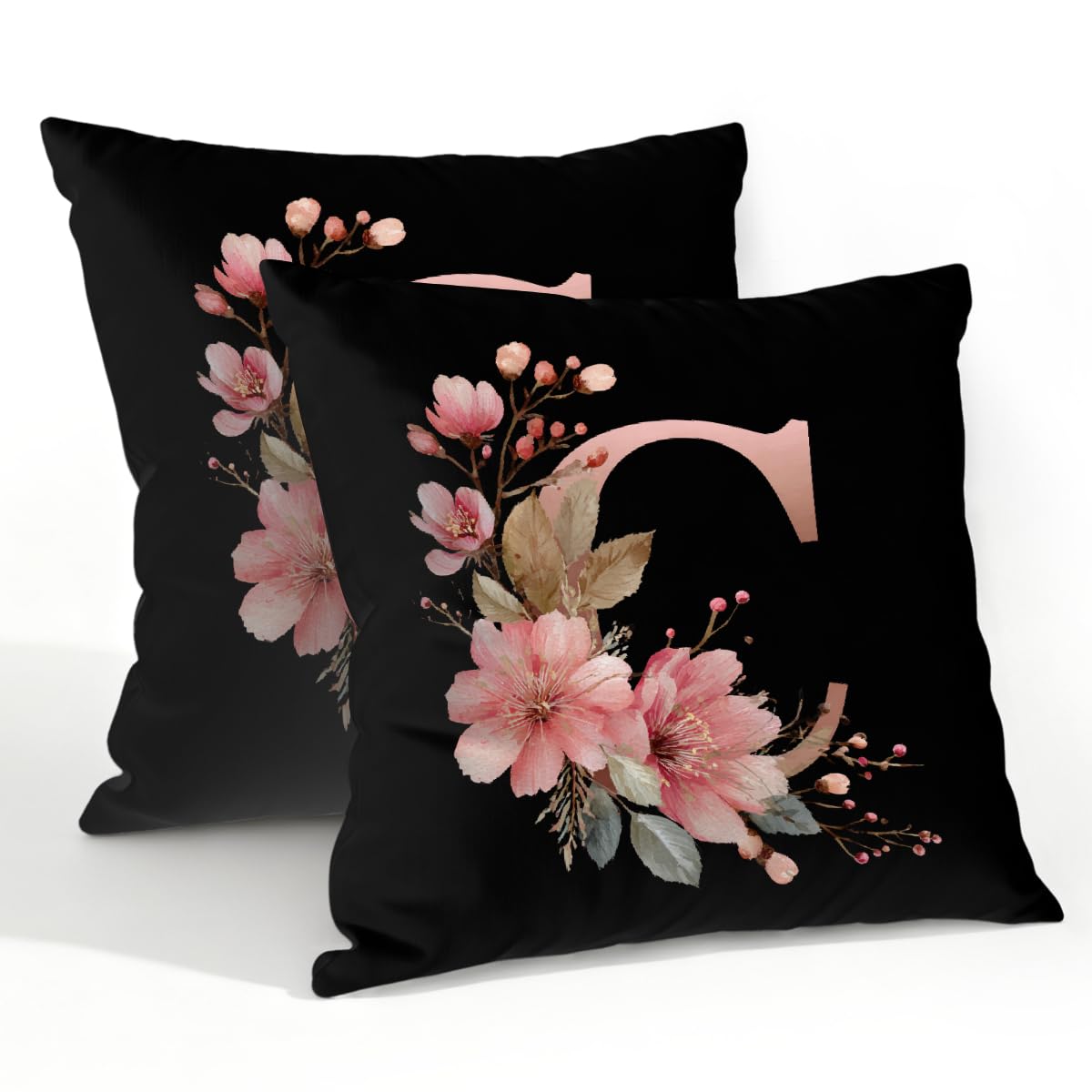Outdoor Pillow Covers Waterproof Pillowcases 22x22in Set of 2 Botanical Floral Alphabet C On Black Decorative Throw Cushion Case for Couch Sofa Garden Patio Furniture