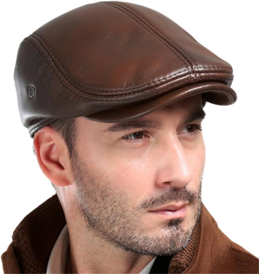VEMOLLA Men's Real Cowhide Leather Beret Hunting Cap Beanie Trucker Cap Mens Sports Hat Ancient Brown M